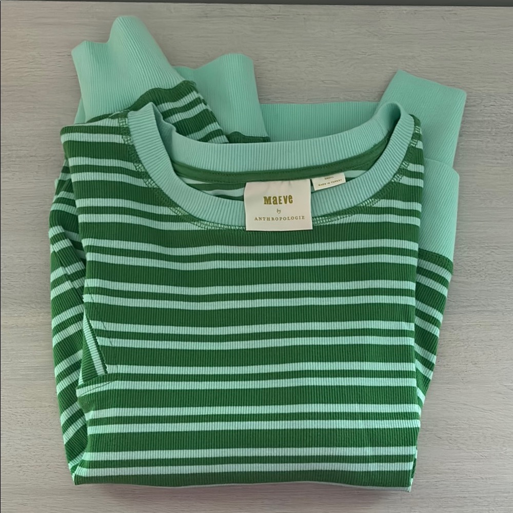 Anthropologie Maeve Green & Mint Striped Long Sleeve Tee